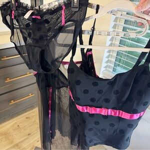 Lane Bryant Cacique Corset/Top Lingerie Black Pink Polka-dot (3 PCS) SZ 18/20